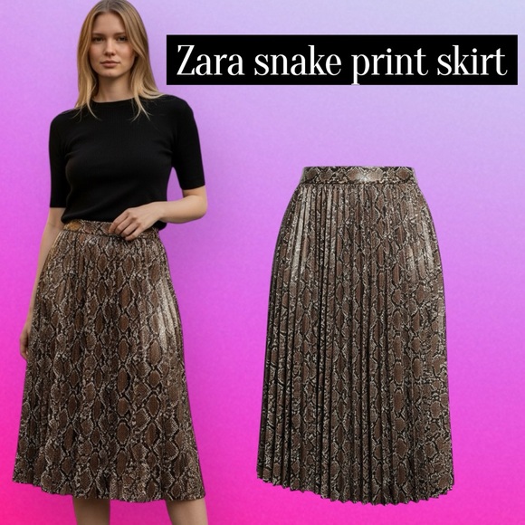 Zara Dresses & Skirts - Zara Brown Snake-Print Pleated Midi Skirt